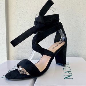 Black suede tie up heel